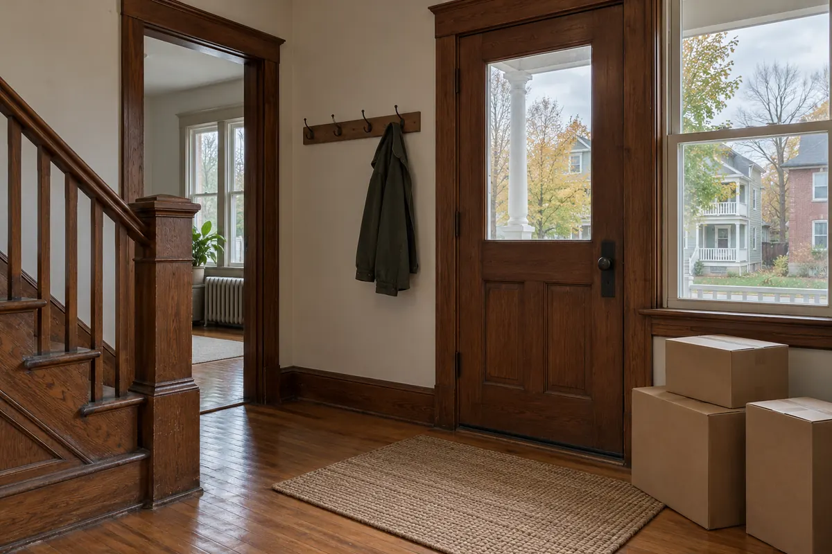 An entry hall with a coat rack and a few boxes