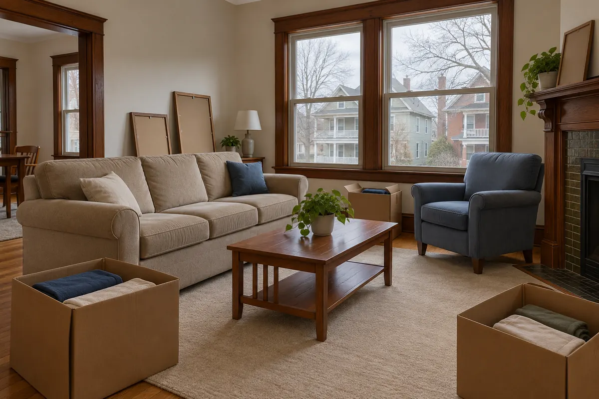 Living room of an older family home with a few packed boxes