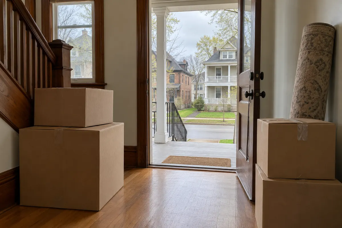 Moving boxes stacked by the front door of a house
