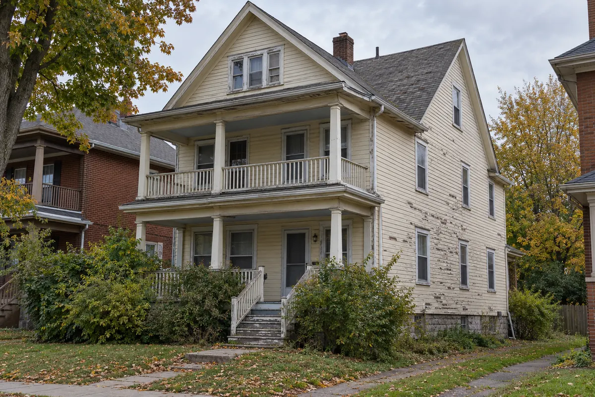 A house with peeling paint and worn roof shingles that needs repairs